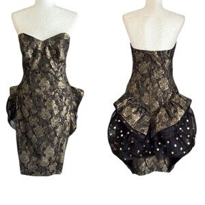 NWT Victor Costa 80s Black Metallic Gold Jacquard Tulle Bustle Strapless Dress 4